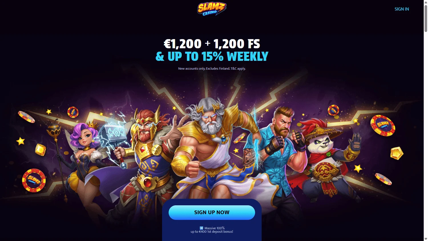 Slamz casino lobby on desktop